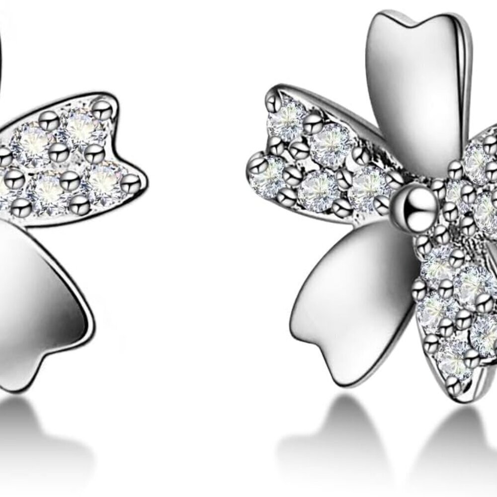 Sterling Silver Clover-Shaped CZ Stud Earrings for Women, Minimalist and Hypoall
